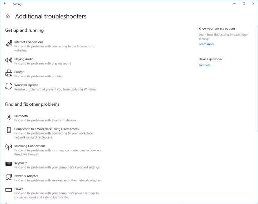 Additional troubleshooters page on Windows 10 20H1