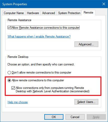 Remote settings on System Properties