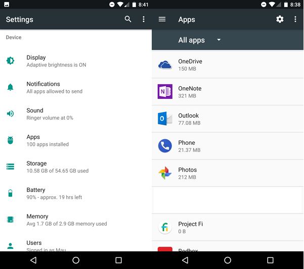 Android app settings