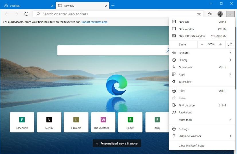 Microsoft Edge Chromium main menu