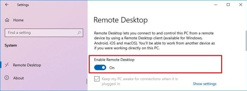 Enable remote desktop on Windows 10
