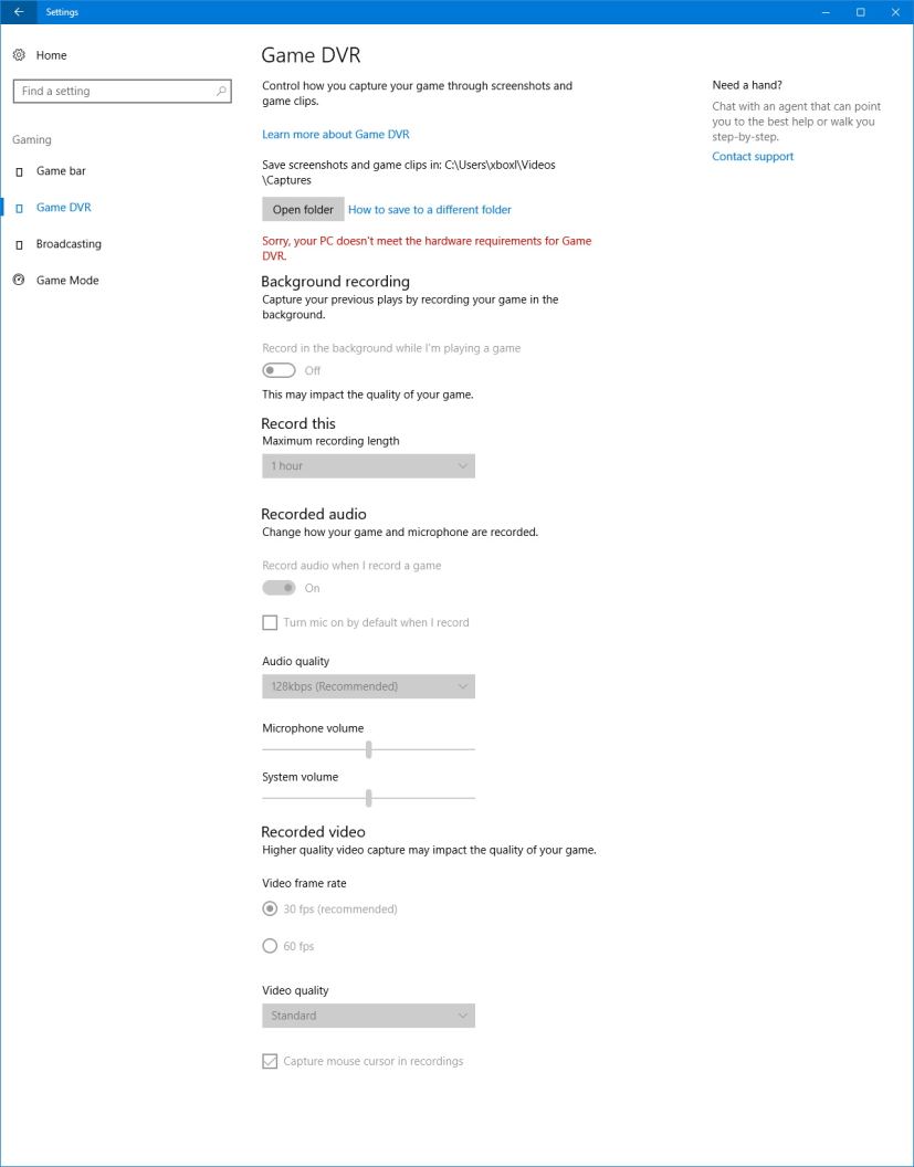 Game DVR settings