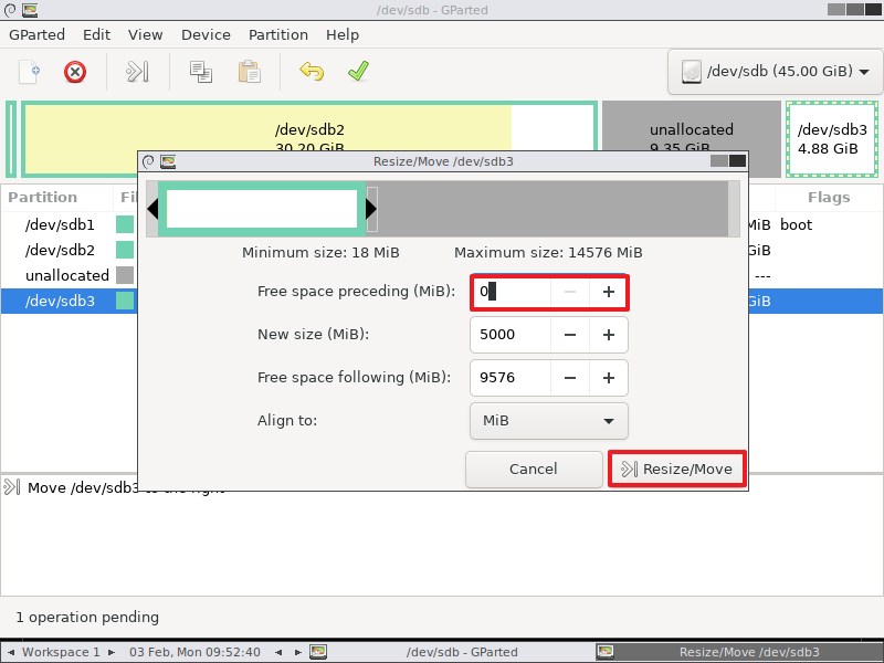 Gparted Resize/Move settings