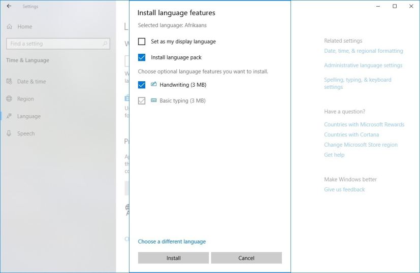 Language options on Windows 10 version 1903