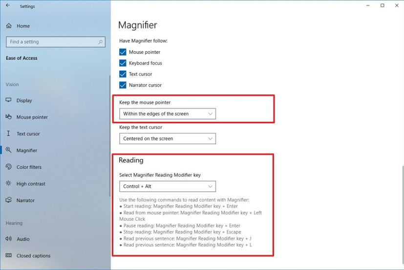 Magnifier settings on Windows 10 version 2003