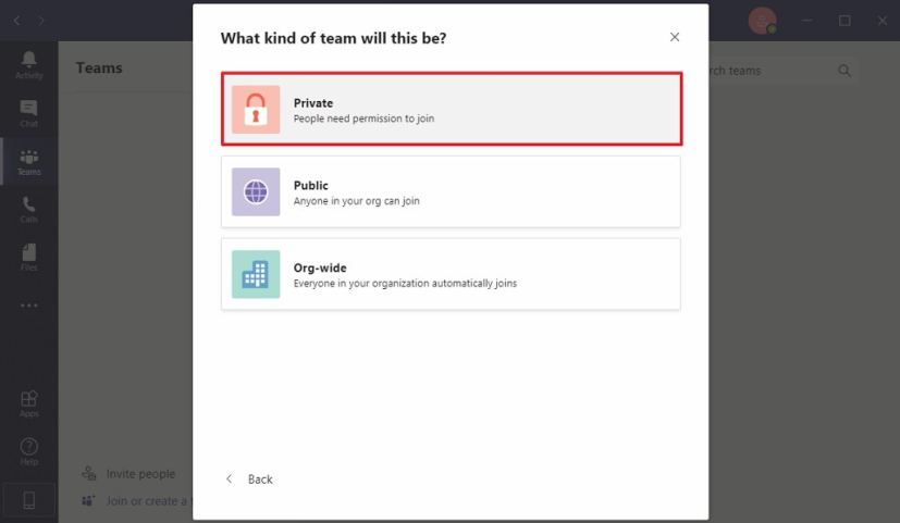 Microsoft Teams private channel option