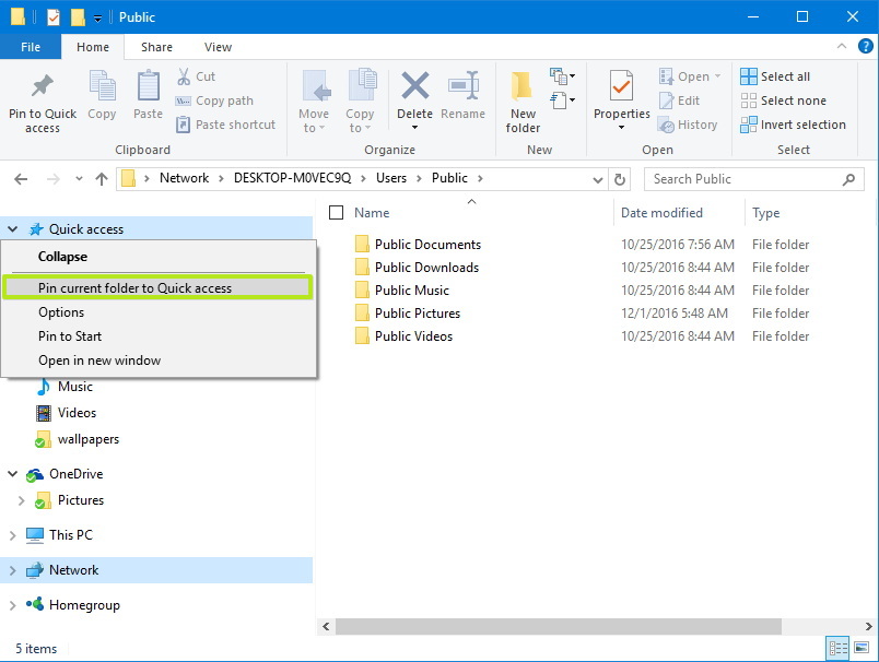Pin Public folder to Quick access