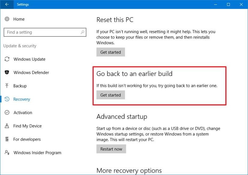 Recovery - Rollback to previous version of Windows 10