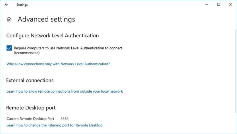 Remote Desktop Advanced settings on Windows 10