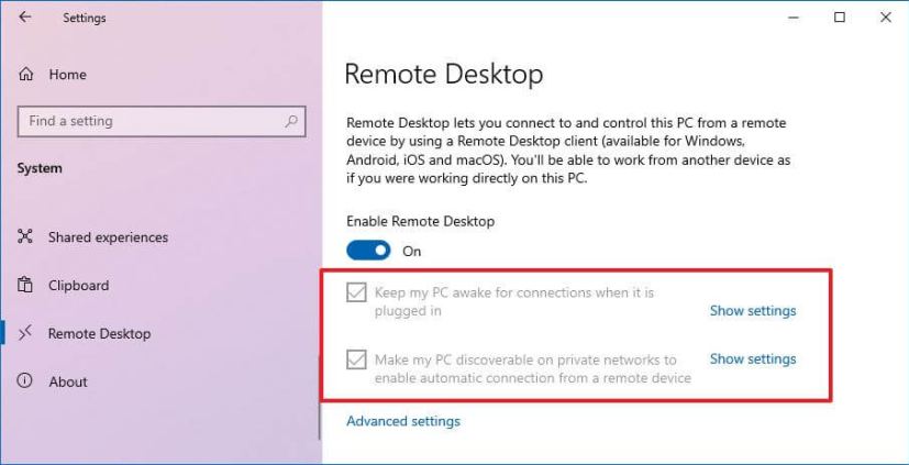 Windows 10 Remote Desktop settings