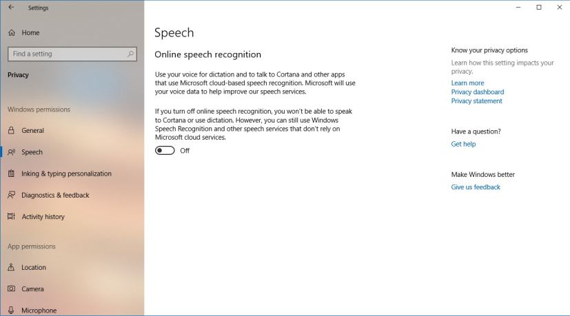 Speech privacy settings on WIndows 10