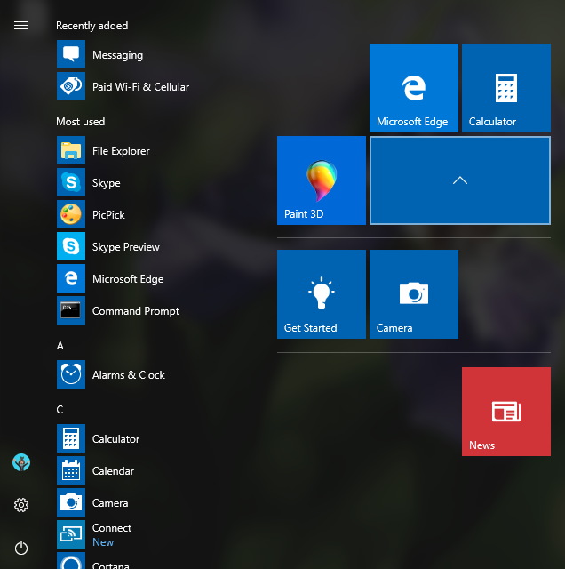 Start menu folders on the Windows 10 Creators Update