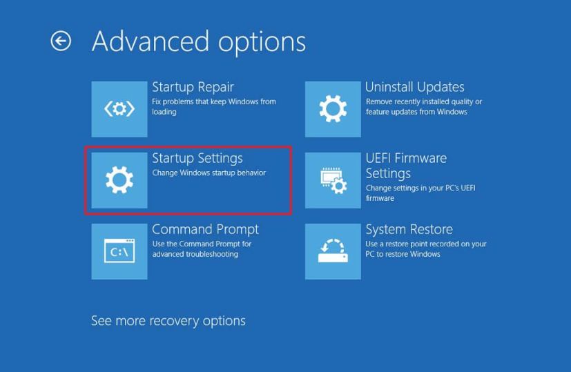 Startup settings option
