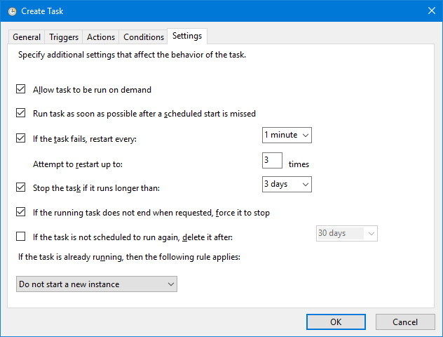 Task Scheduler additional settings
