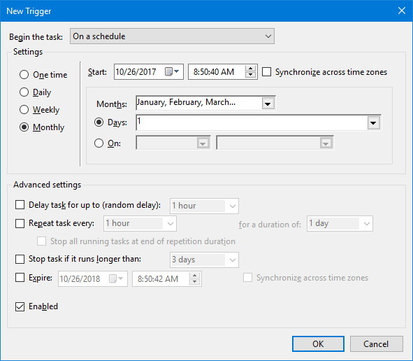 Task Scheduler Trigger settings
