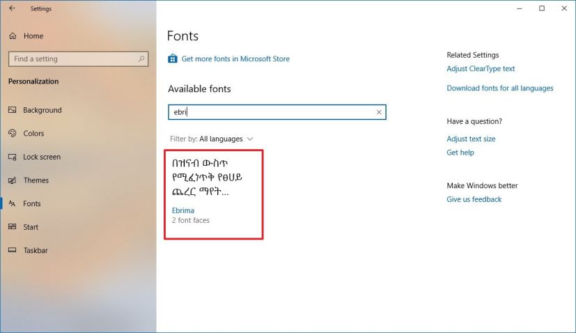 Windows 10 with Ebrima font