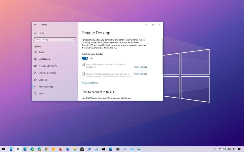 Windows 10 Remote Desktop enabled
