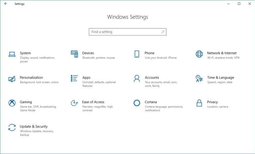 Settings app homepage on Windows 10