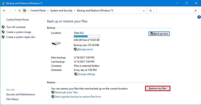 Windows Backup restore files option