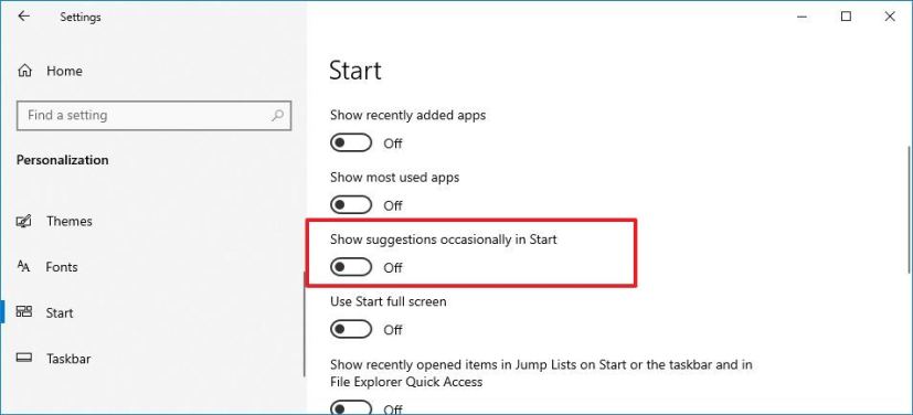Turn off Show suggestions occasionally in Start