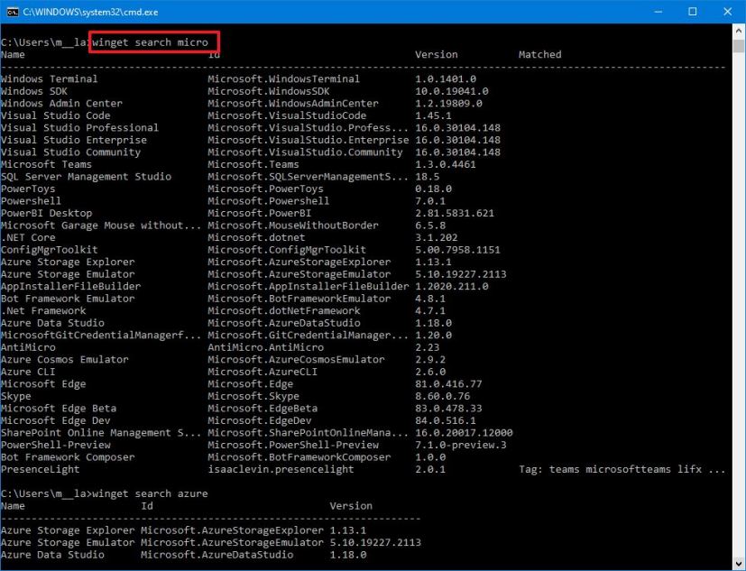 Windows 10 winget search command