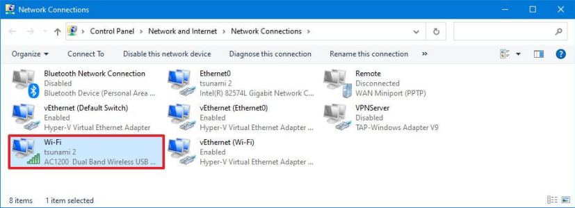 Control Panel wireless adapter selected